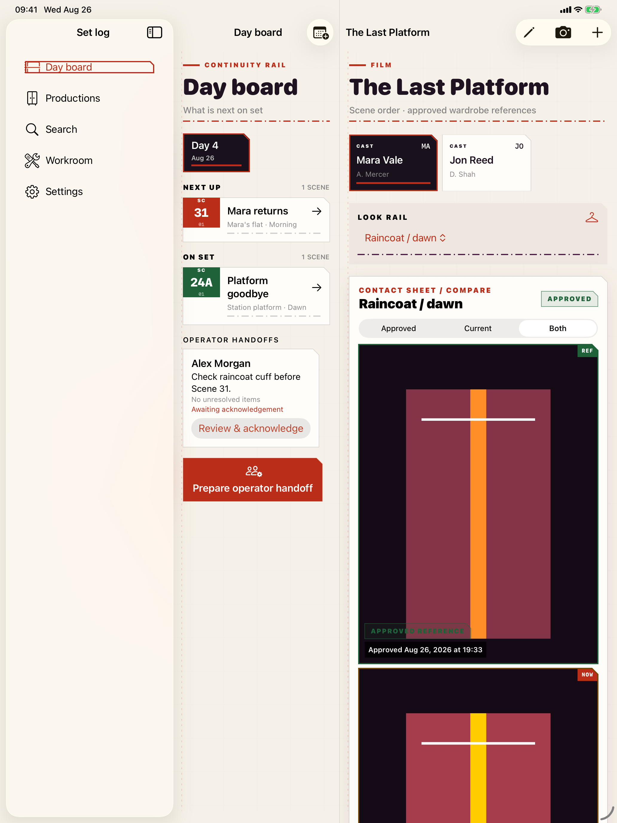 Native iPad Costume Continuity workspace showing the set log, day board and populated wardrobe binder together